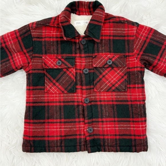 Zara Kids Toddler Plaid Red Button Down Pockets Faux Flannel Jacket Sz 2-3 Yrs - Picture 2 of 14
